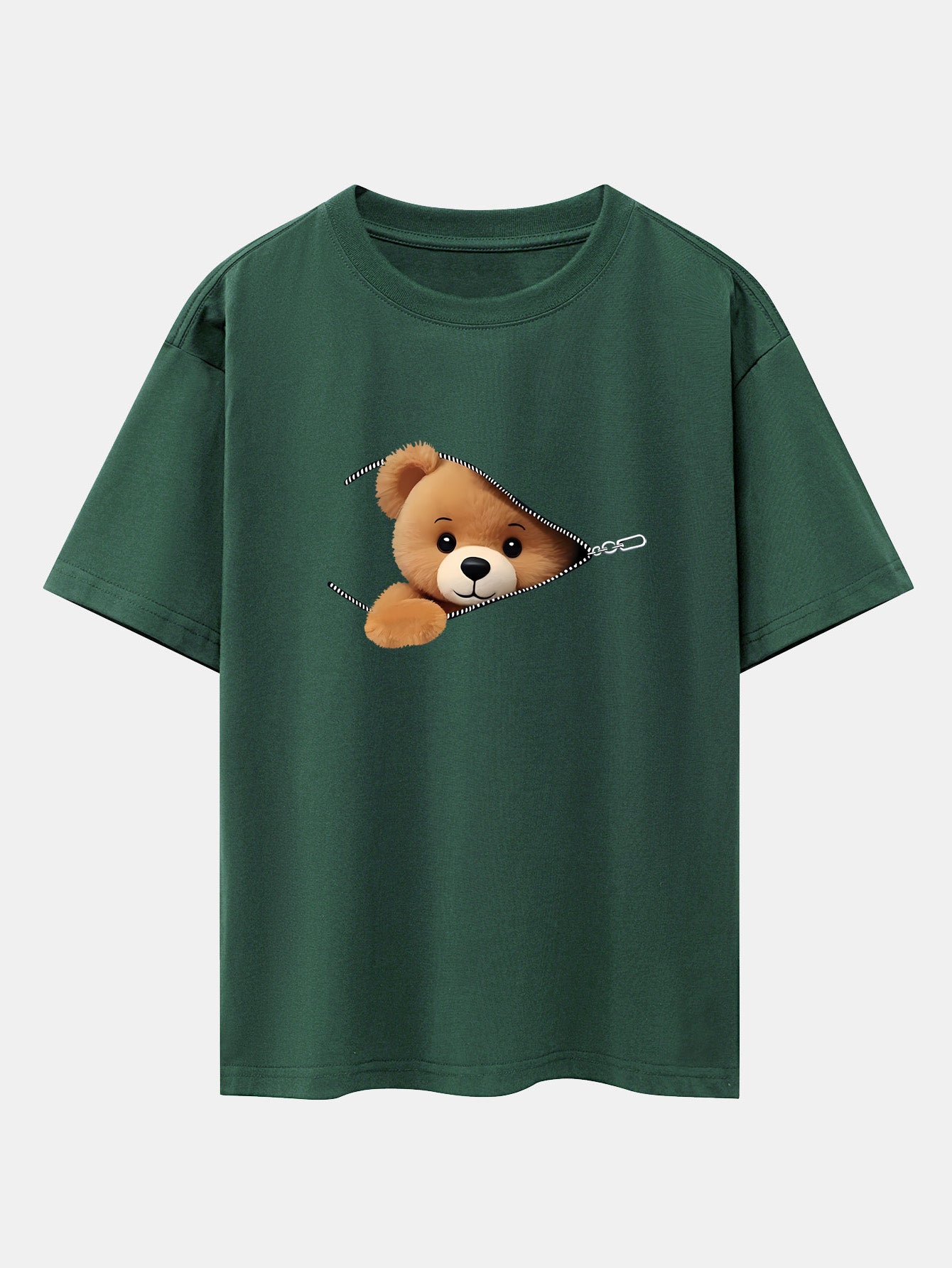 Zipper Bear Print Drop Shoulder Oversize T-Shirt