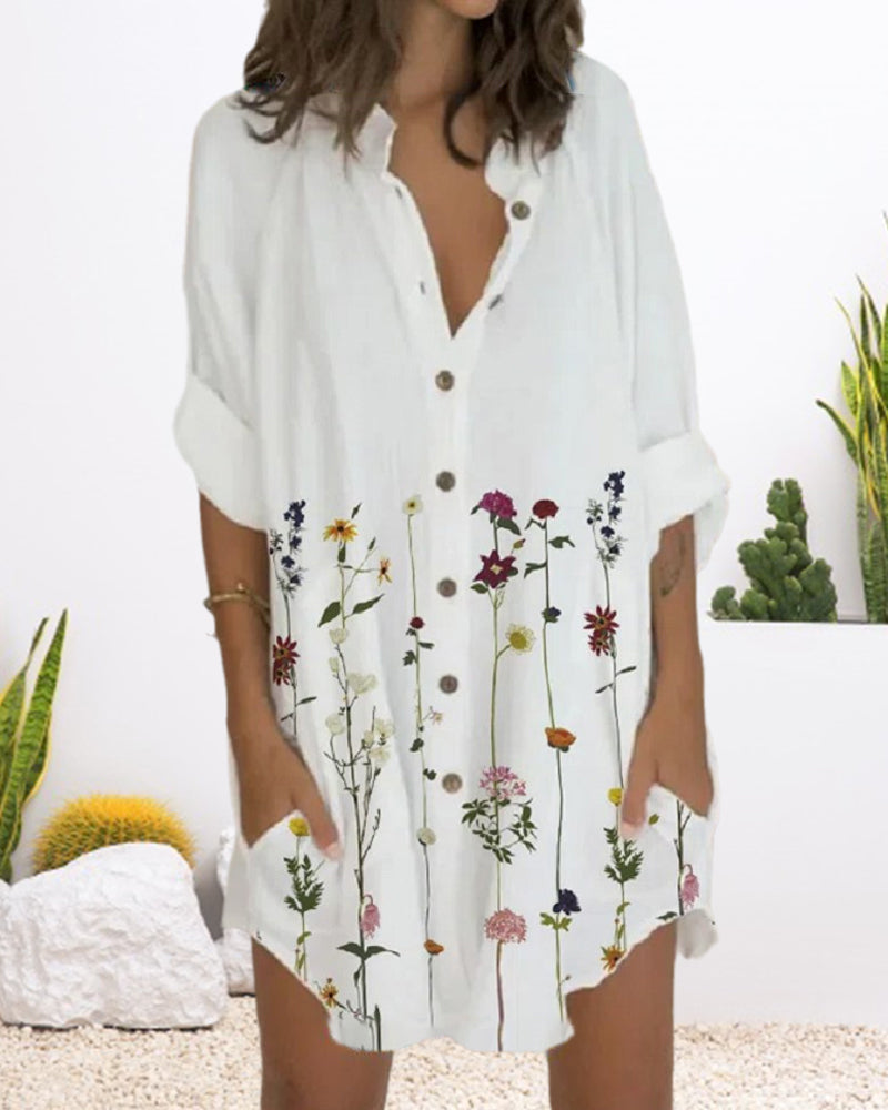 Printed button long sleeve pocket dress