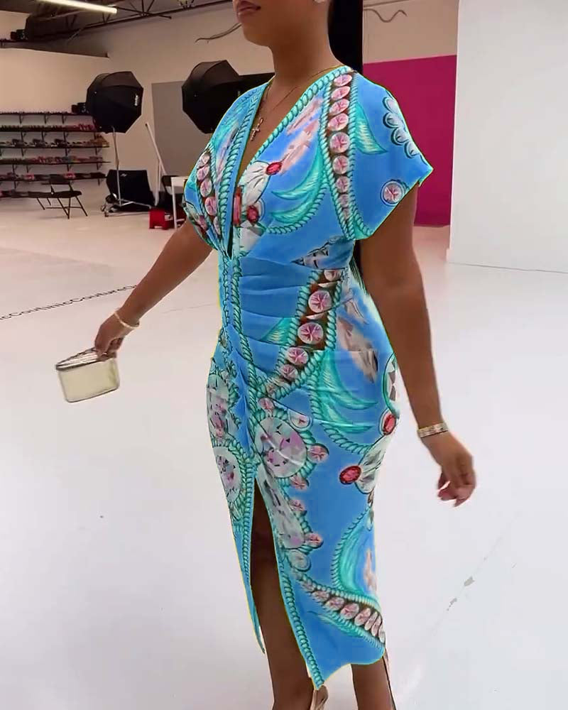 Deep V slit waist printed dress