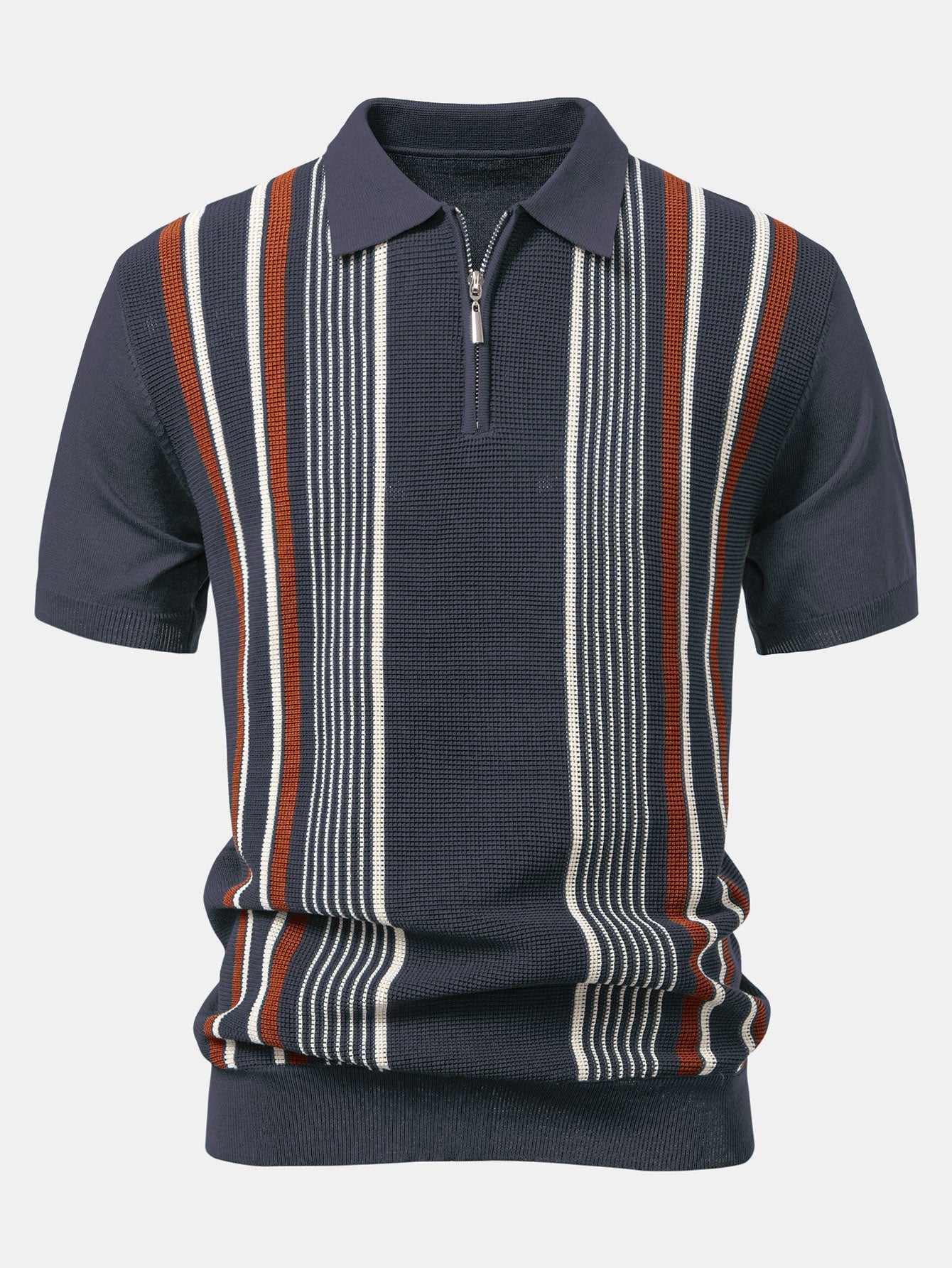 Stripe Knit Zip Up Polo Shirt
