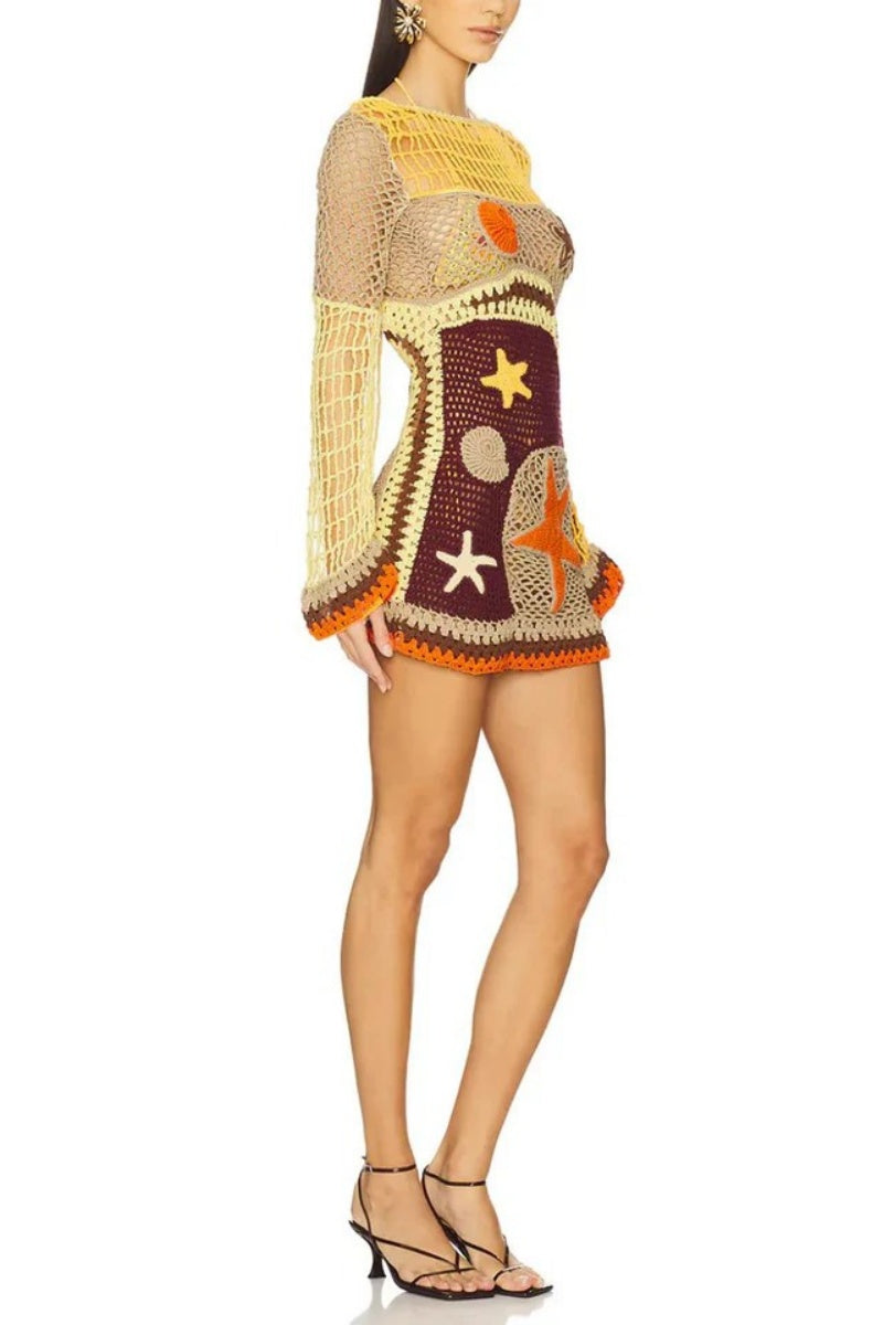 Coral Reef-Inspired Pattern Crochet Mini Dress