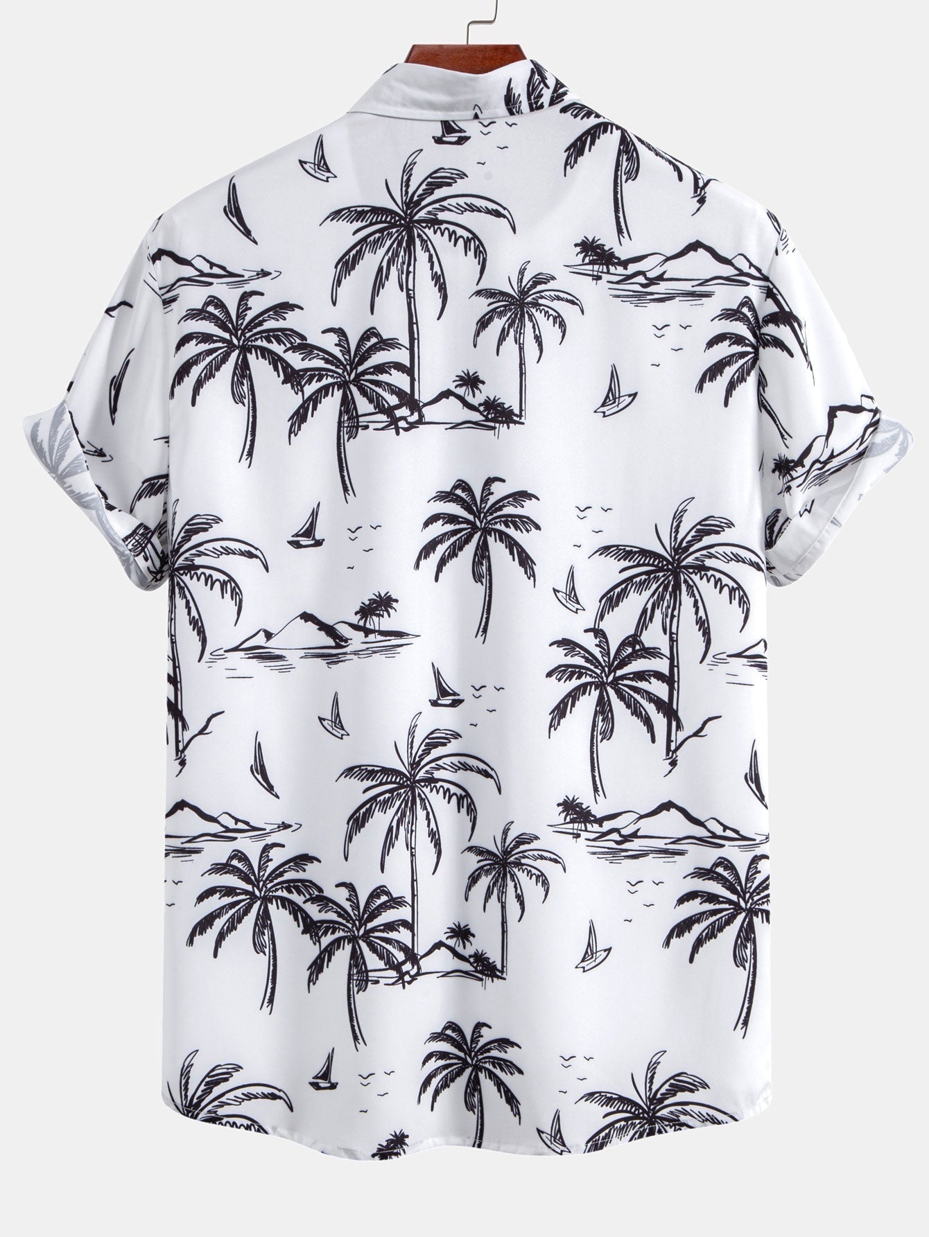 Palm Tree Island Print Button Up Shirt & Drawstring Swim Shorts