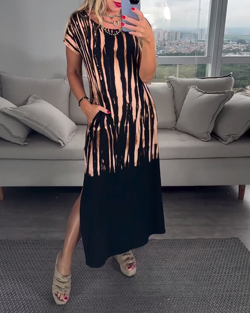 Casual Short-Sleeved Slit Round Neck Printed Dress