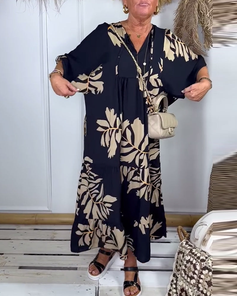 Contrast leaf print casual dress