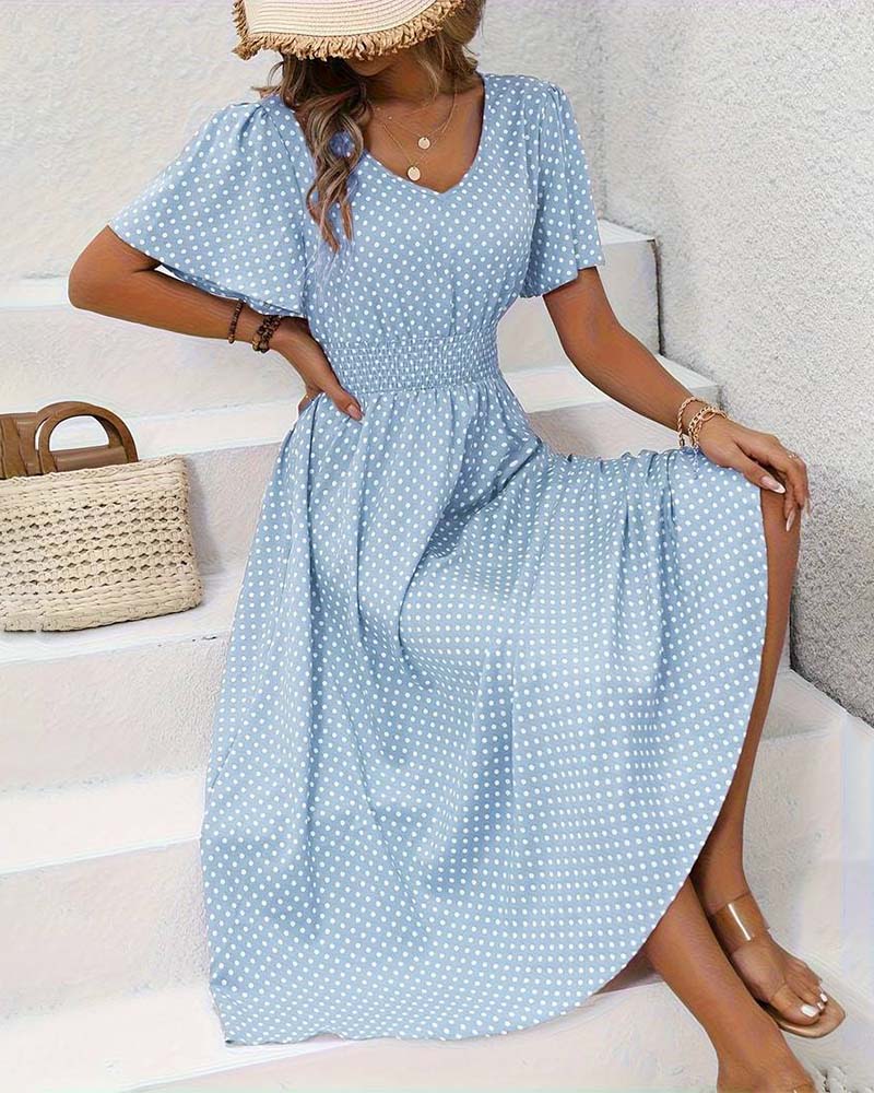 Elegant polka dot print butterfly sleeve waist dress