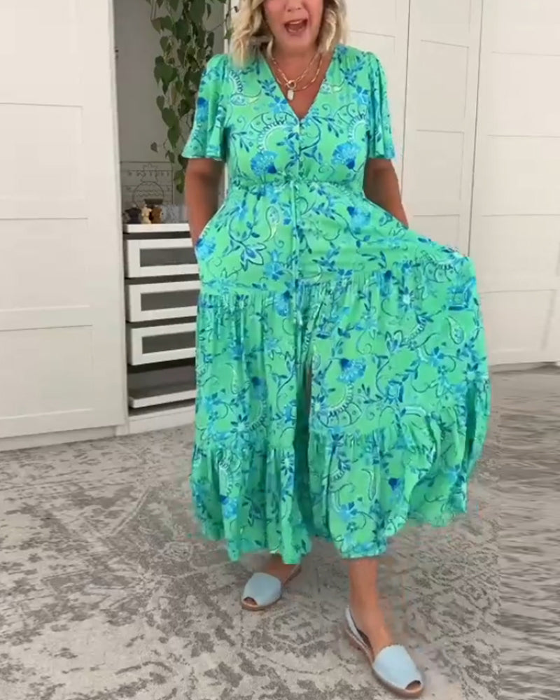 Short-sleeved pocket printed dress