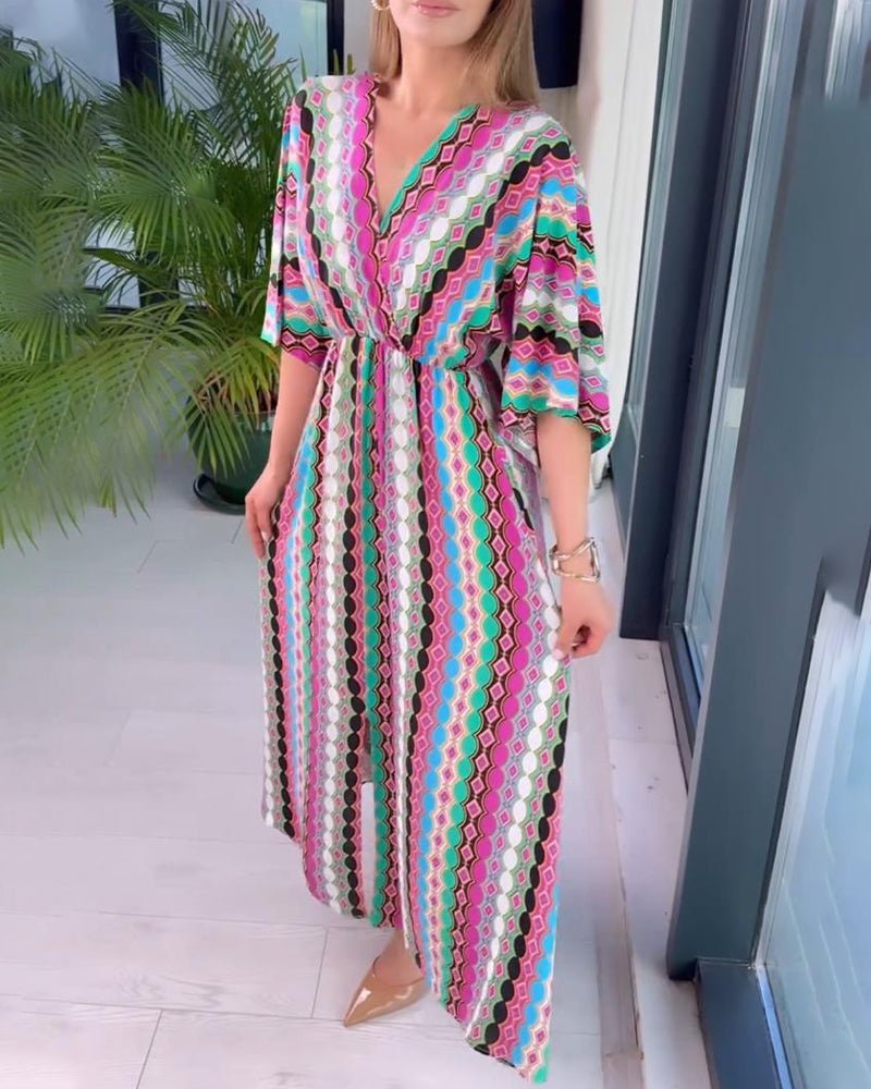 Colorful patchwork printed V-neck three-quarter sleeve dress
