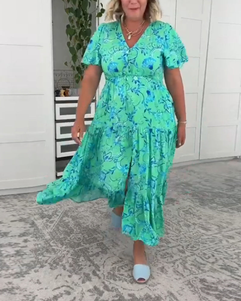 Short-sleeved pocket printed dress