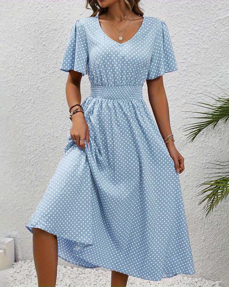 Elegant polka dot print butterfly sleeve waist dress