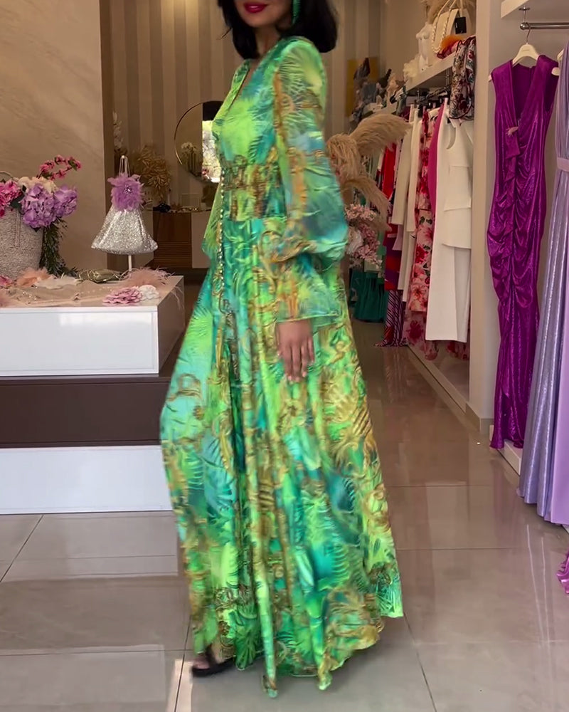 Deep V waisted high-end printed dress