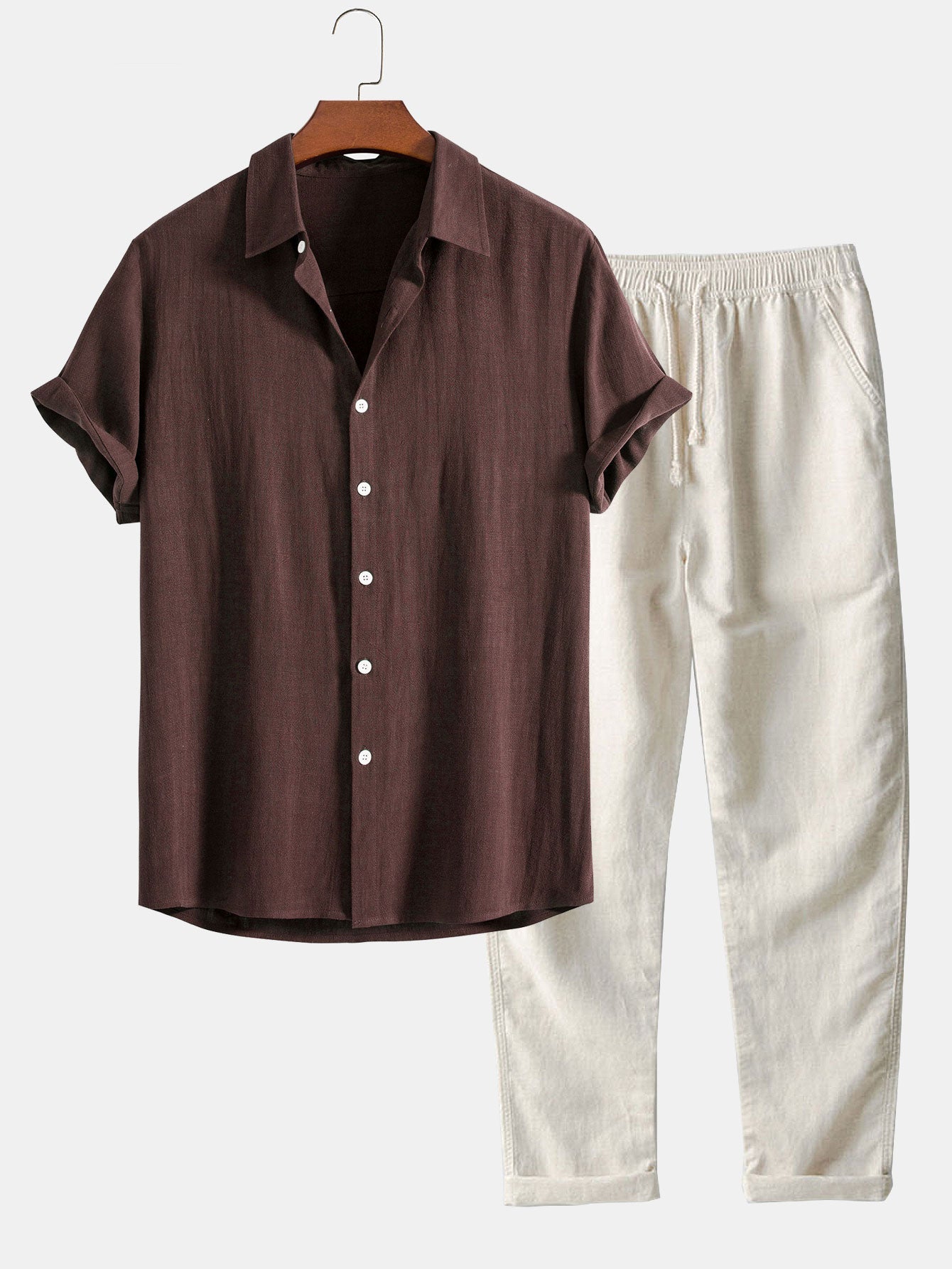 Linen Rayon Blend Button Up Shirt & Straight Leg Linen Pants