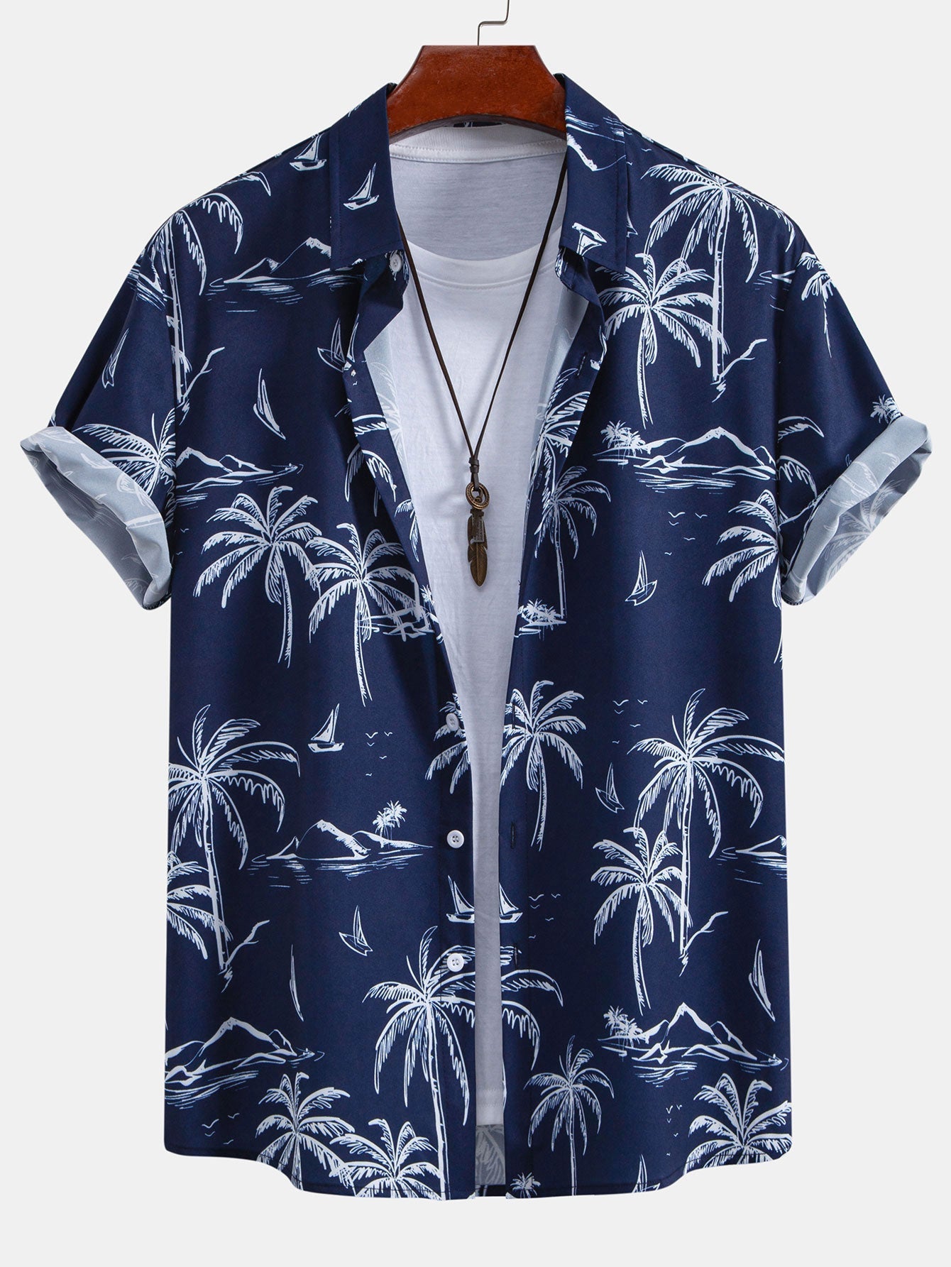 Palm Tree Island Print Button Up Shirt & Drawstring Swim Shorts