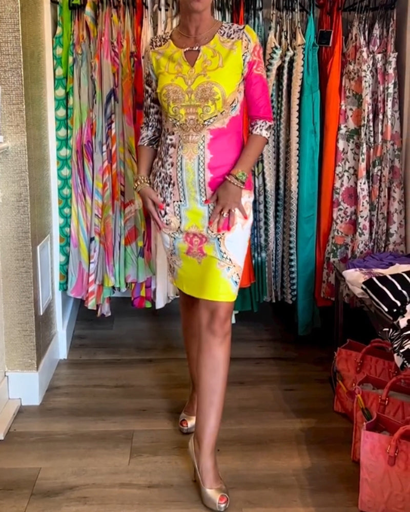 Half-sleeve cutout printed dress