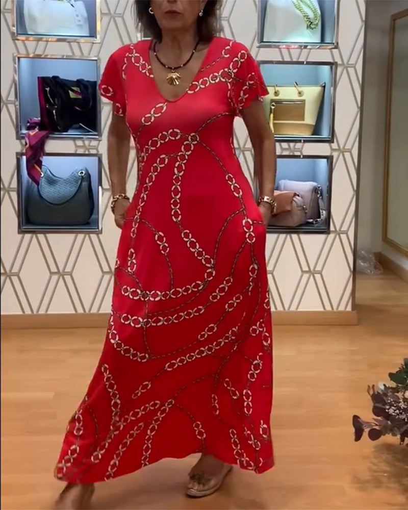 V-Neck Chain Print Maxi Dress