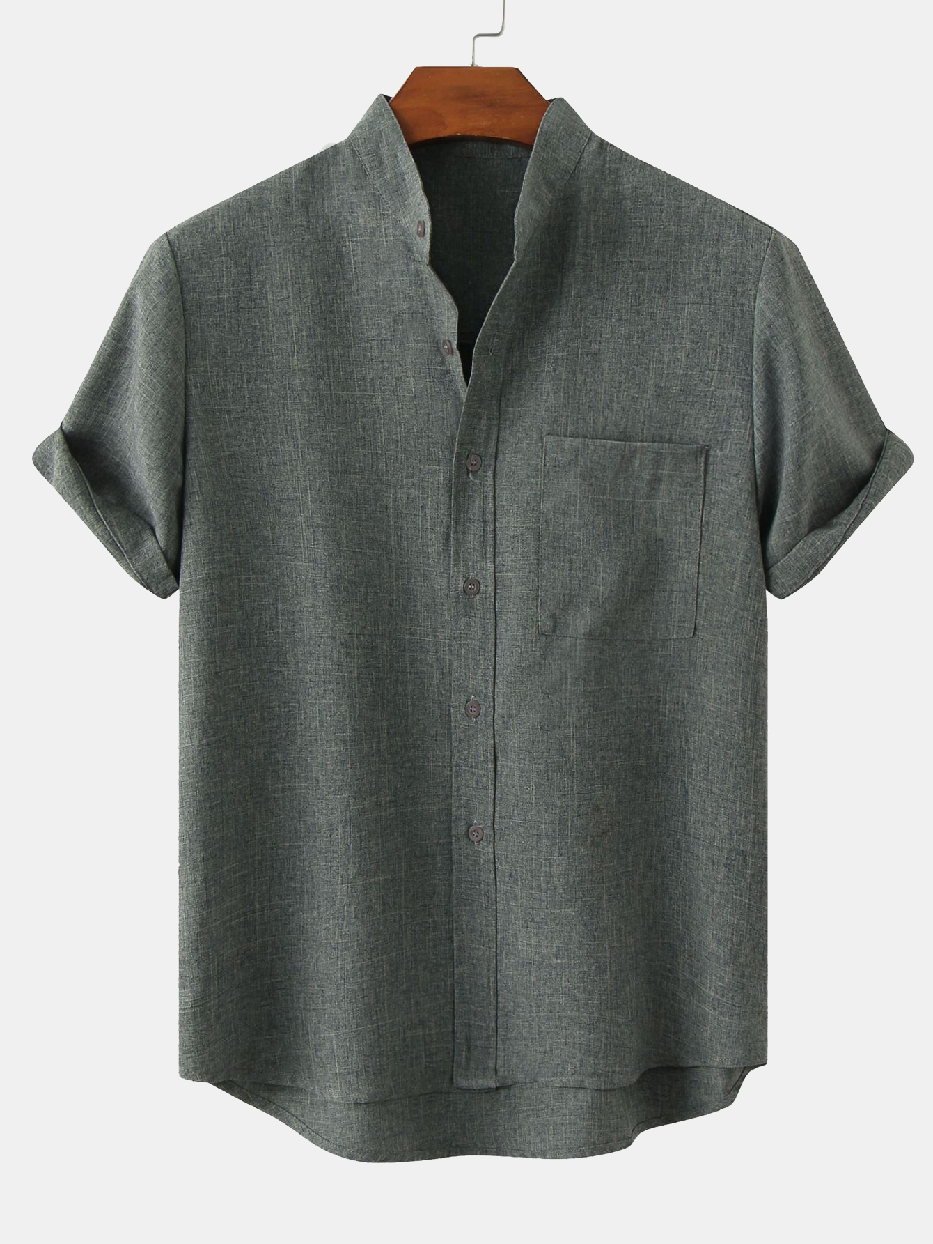 Man Stand Collar Shirt Whit Pocket