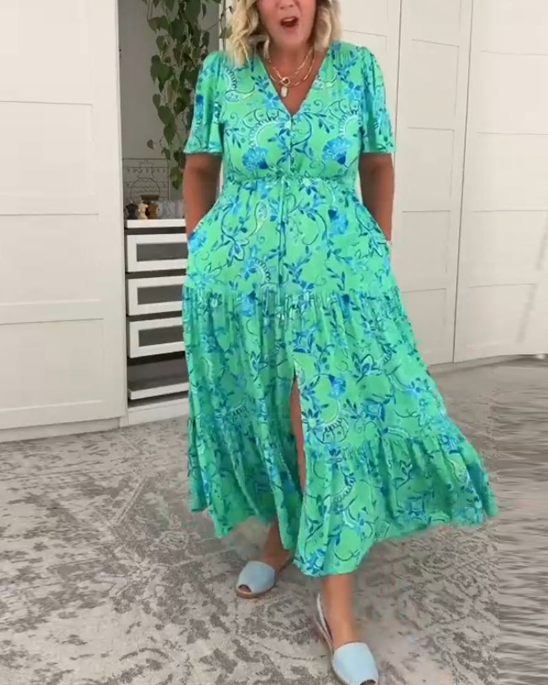 Short-sleeved pocket printed dress