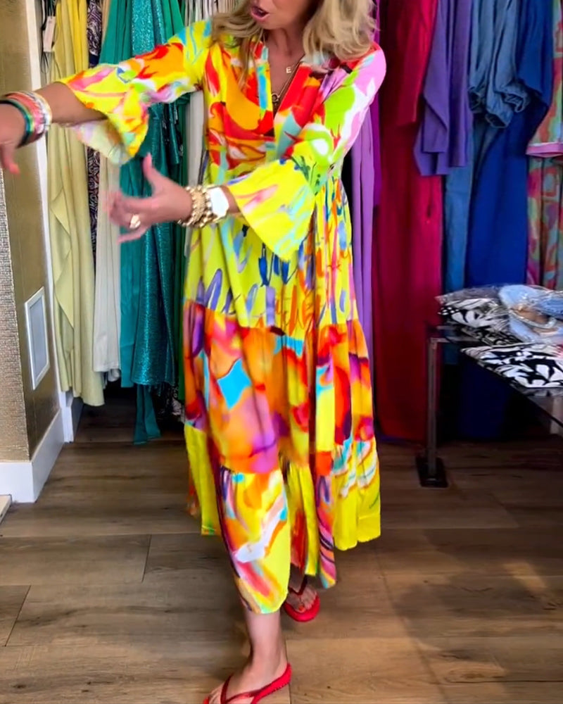 Flared Sleeve Printed Dress