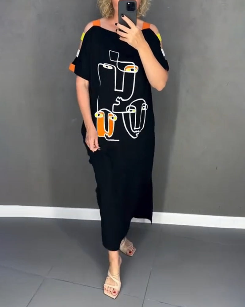 Cold Shoulder Hollow Print Slit Dress