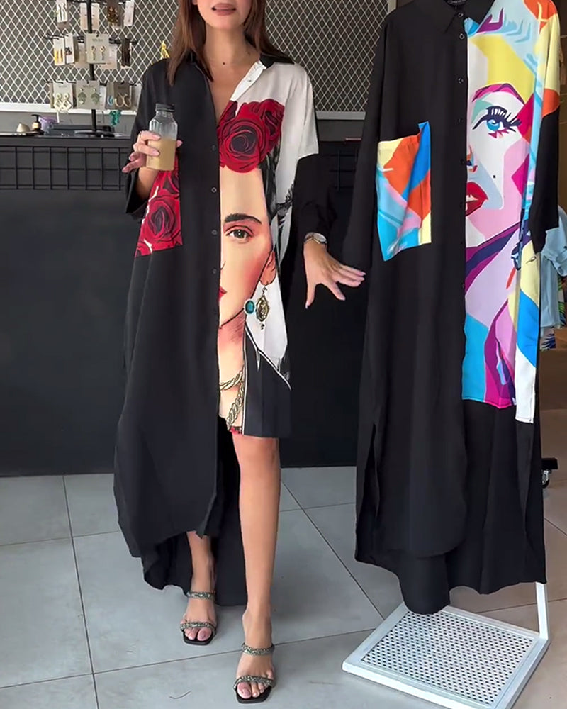 Fashionable rose character print lapel asymmetric dress