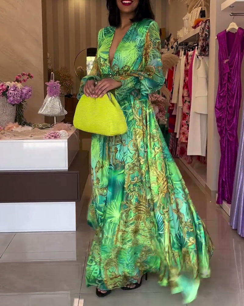 Deep V waisted high-end printed dress