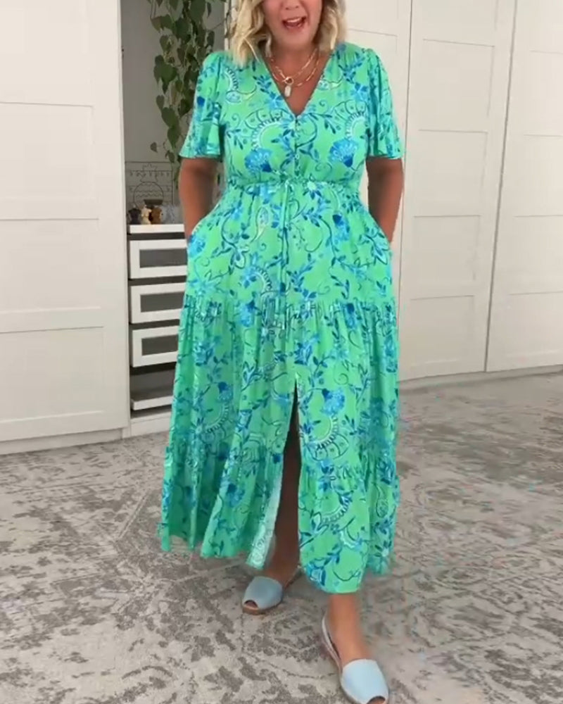 Short-sleeved pocket printed dress