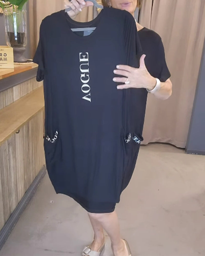 Casual Short-Sleeved Loose Letter Print Dress