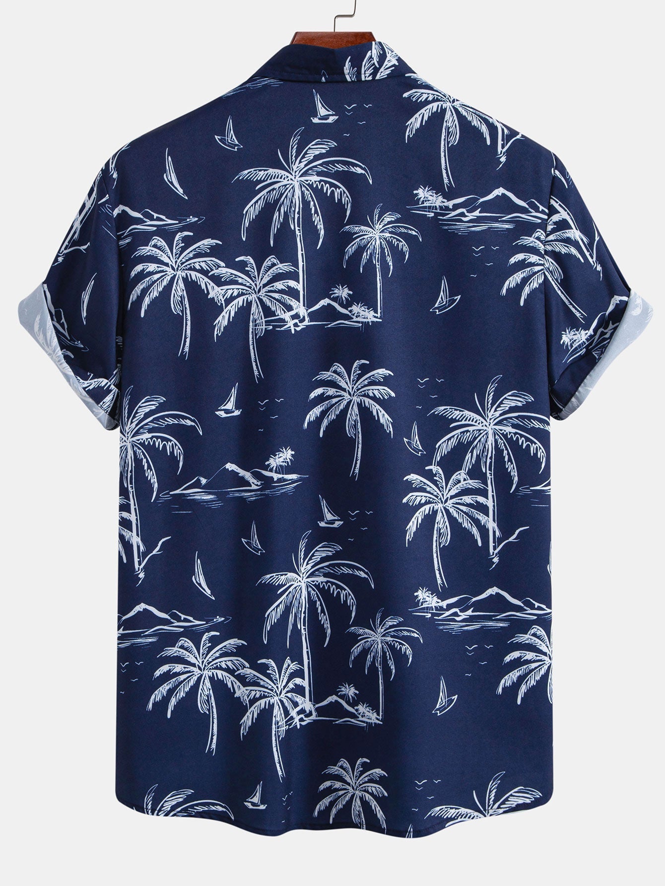 Palm Tree Island Print Button Up Shirt & Drawstring Swim Shorts