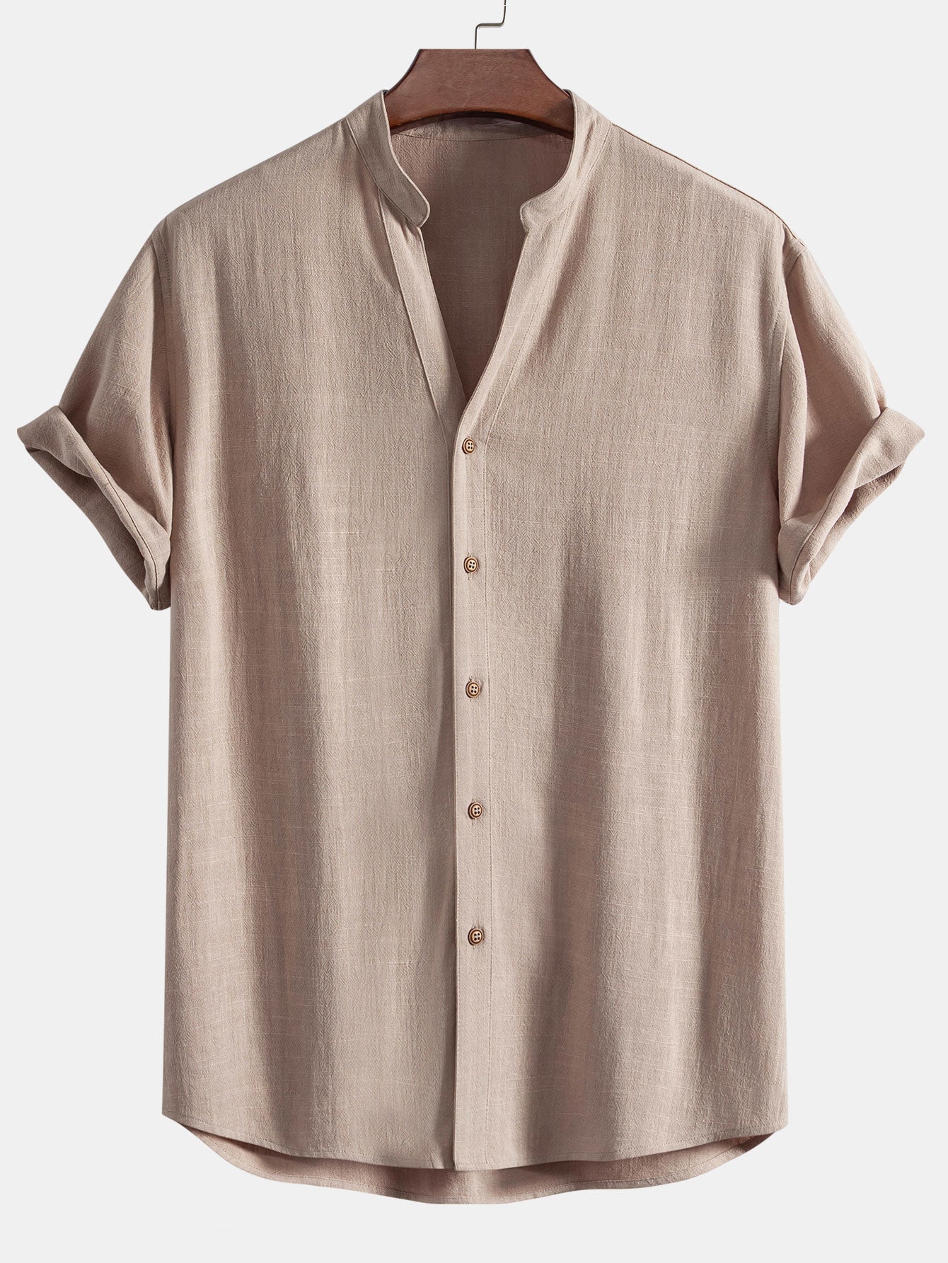 Short Sleeve V Neck Linen Rayon Blend Shirt