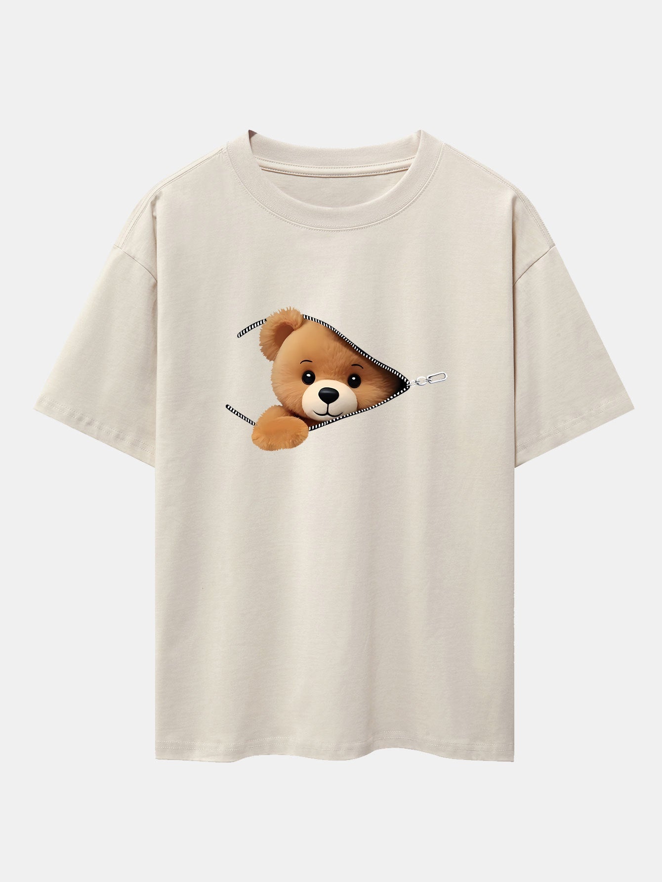 Zipper Bear Print Drop Shoulder Oversize T-Shirt