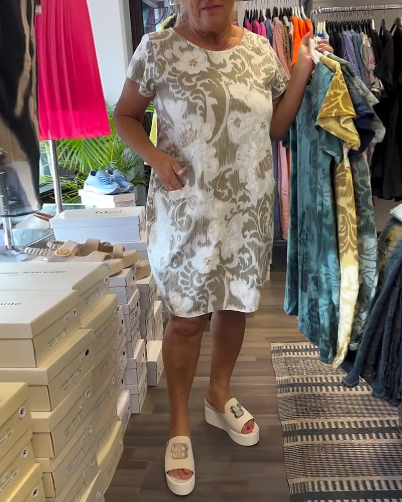 Round Neck Printed Short Sleeve Shift Dress