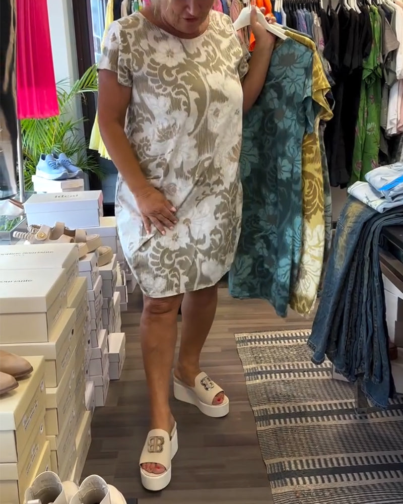 Round Neck Printed Short Sleeve Shift Dress