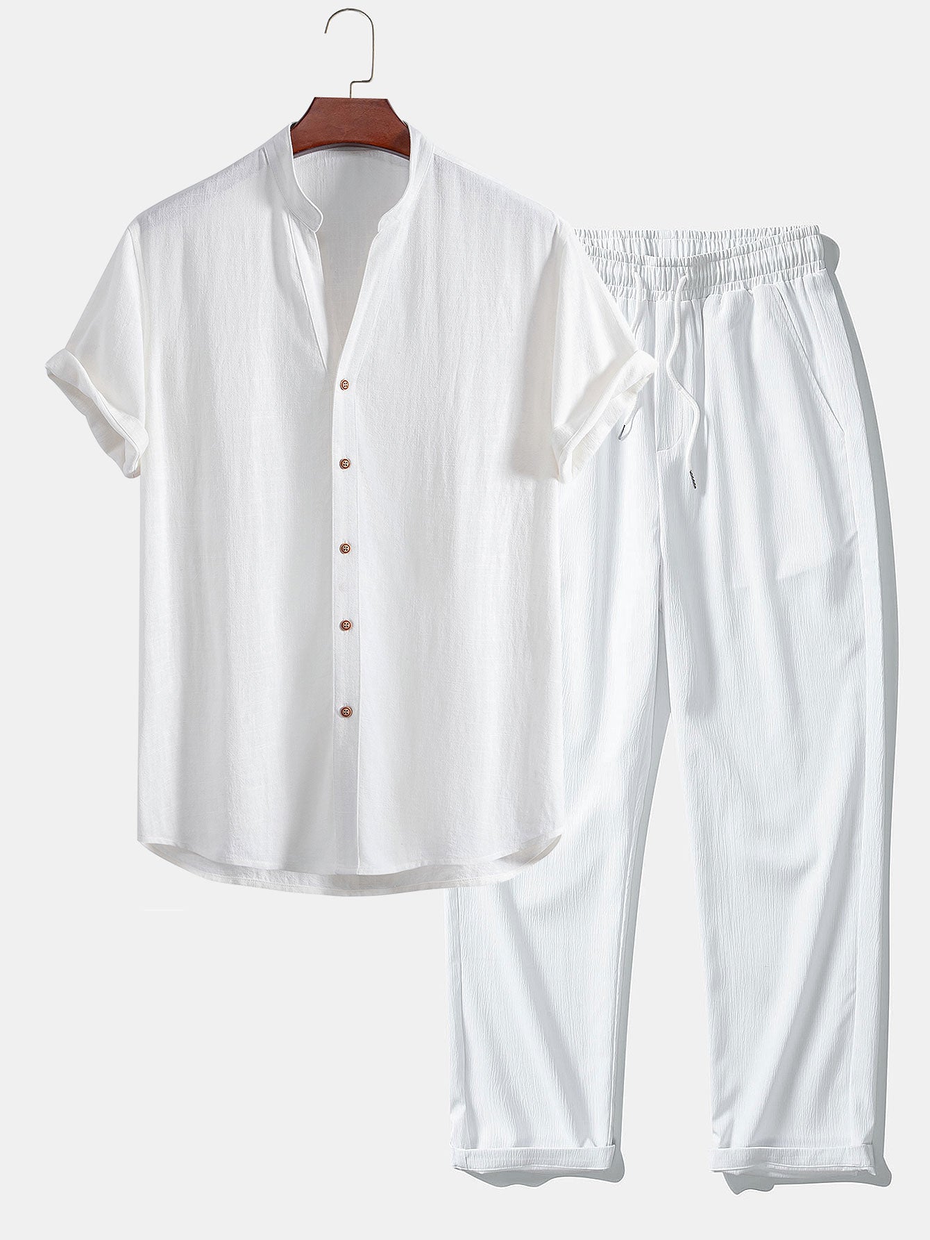 Short Sleeve V Neck Linen Rayon Blend Shirt & Wrinkle Textured Straight Leg Pants
