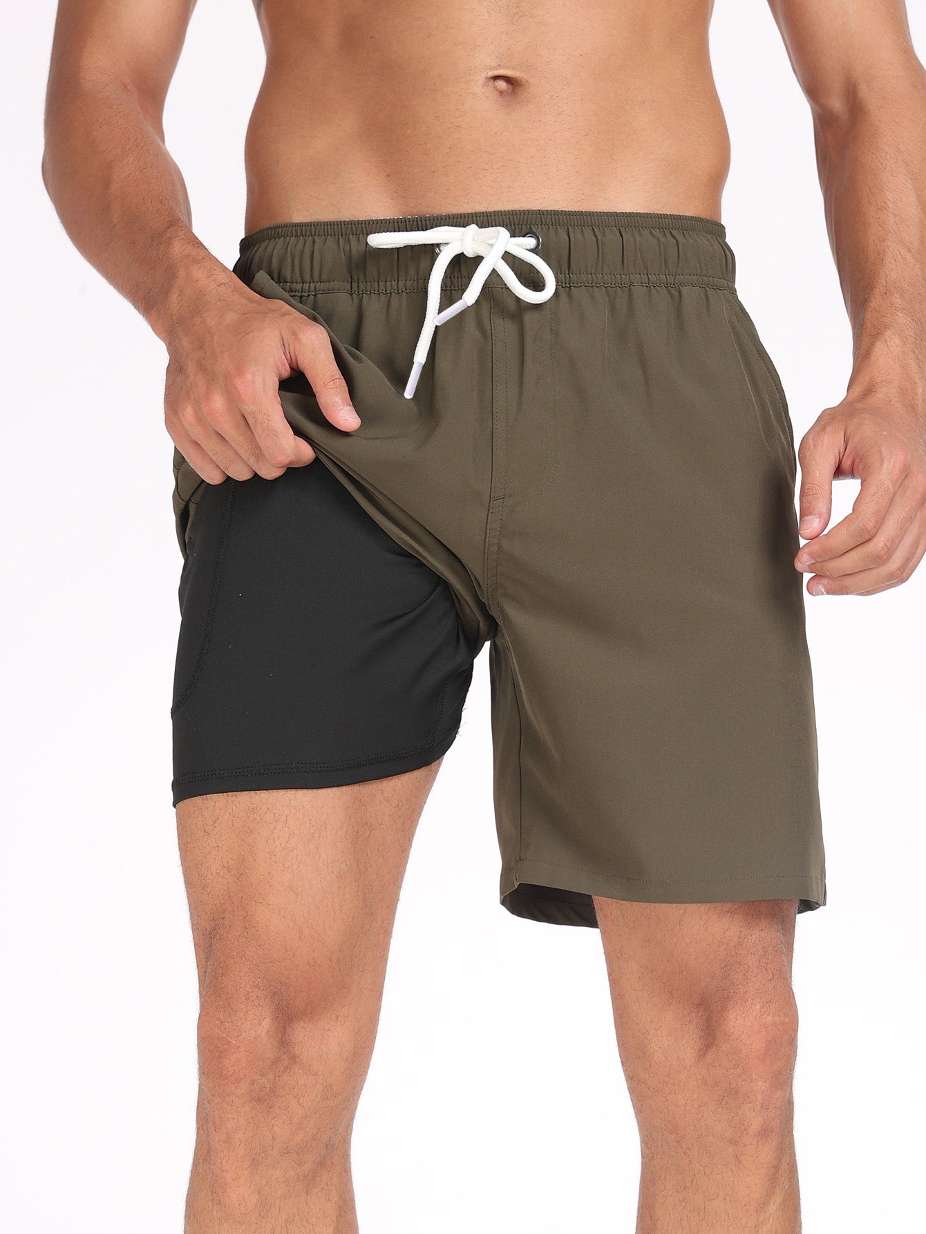 2 In 1 Solid Color Drawstring Swim Shorts