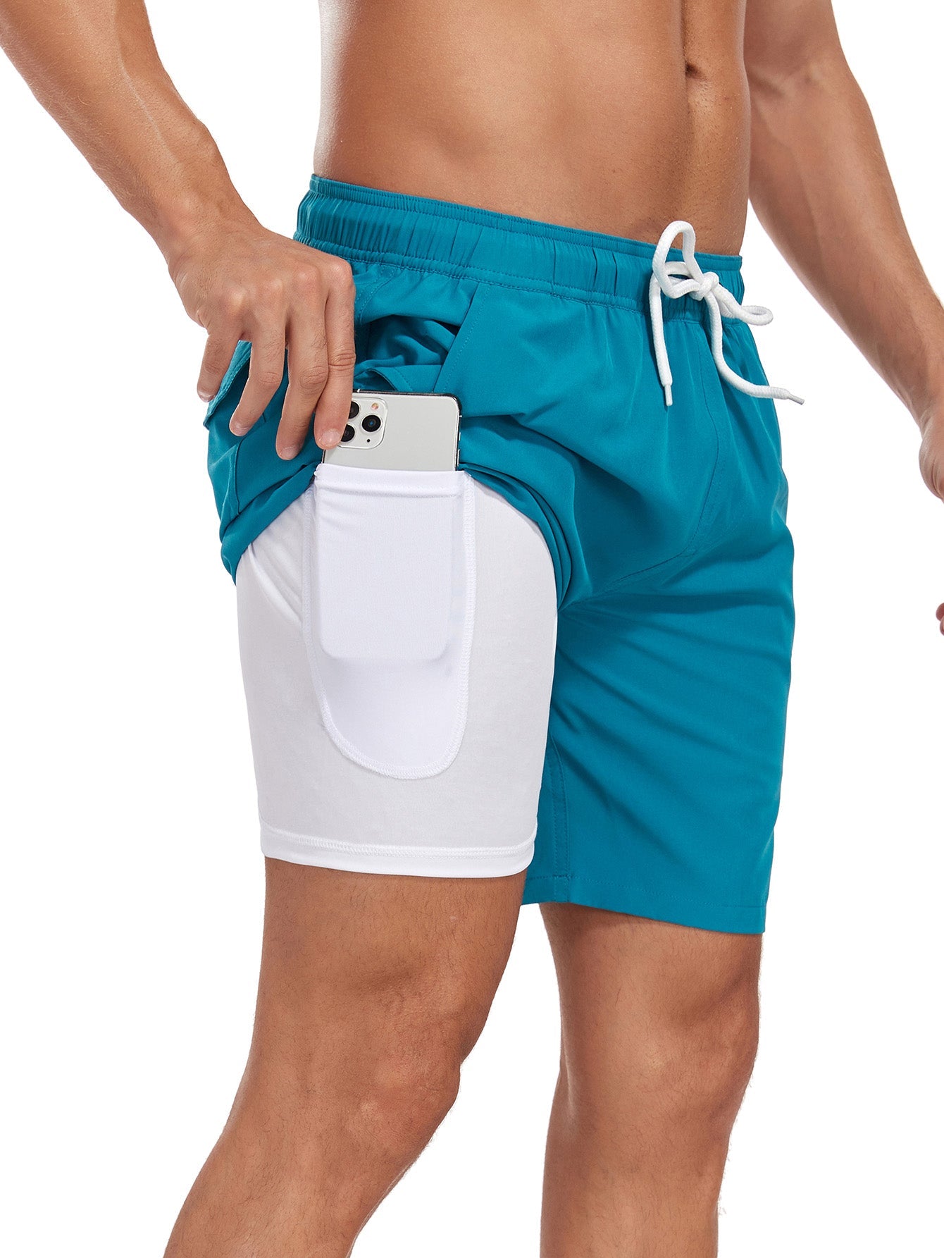 2 In 1 Solid Color Drawstring Swim Shorts