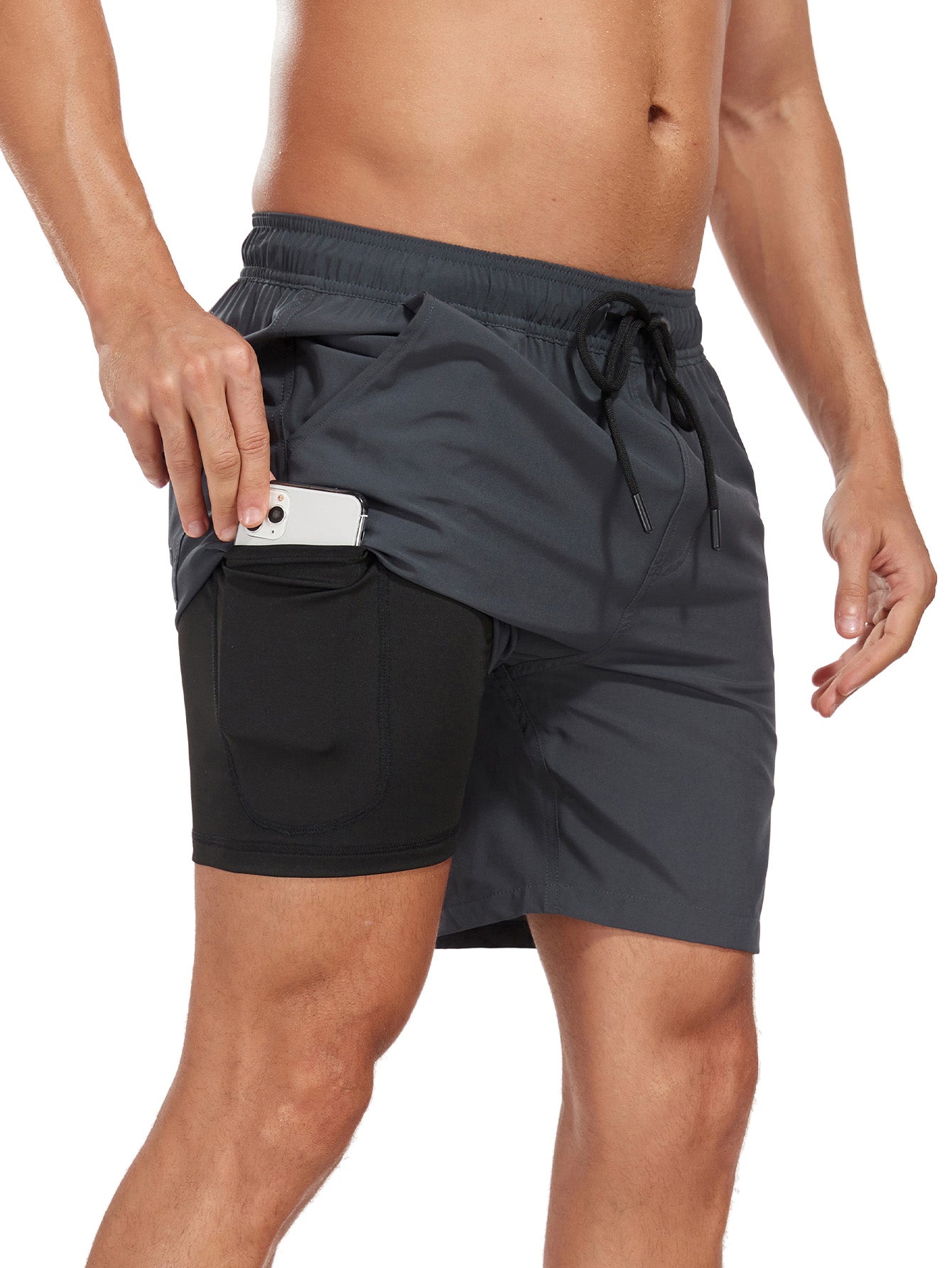 2 In 1 Solid Color Drawstring Swim Shorts