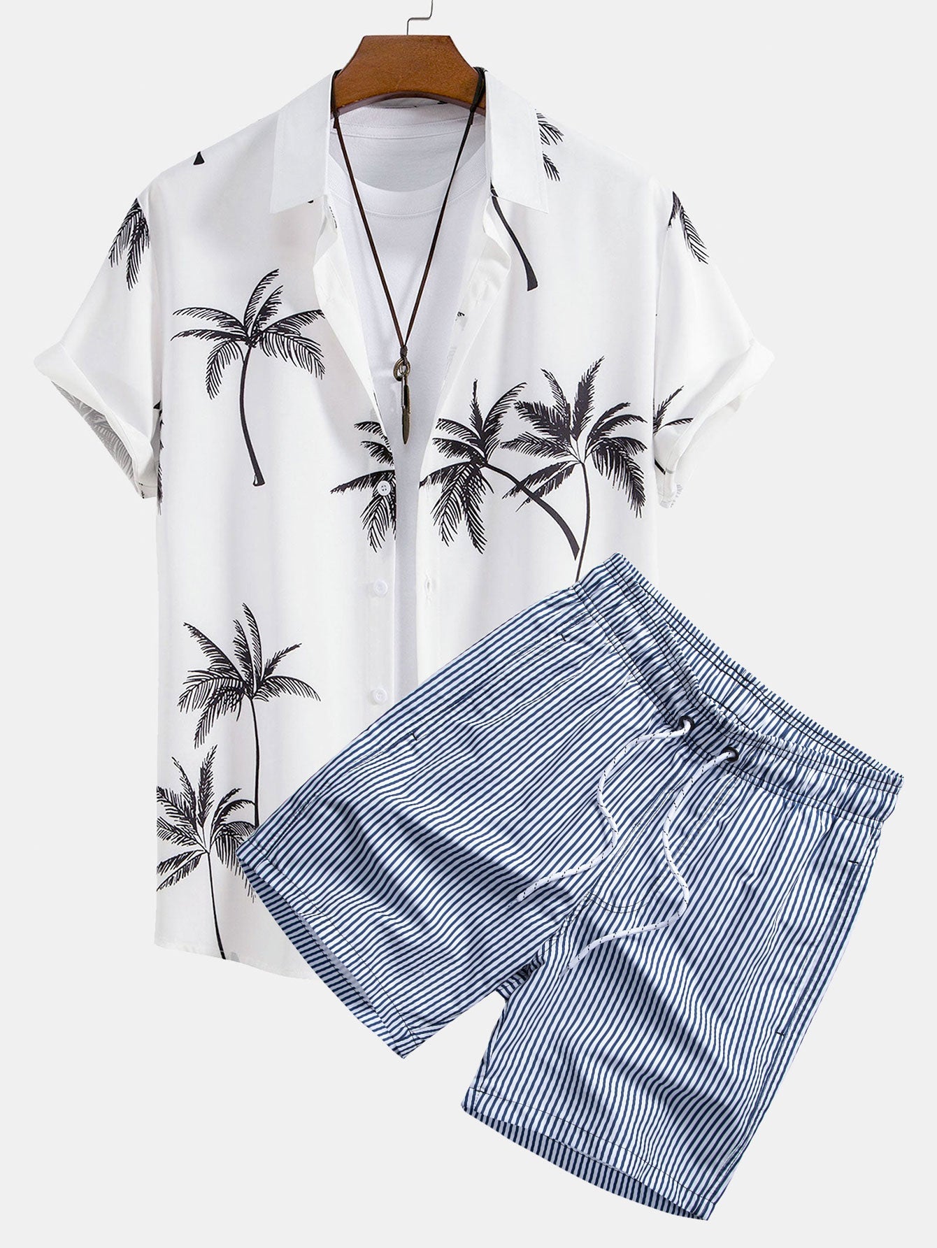 Palm Tree Print Button Up Shirt & Stripe Print Swim Shorts