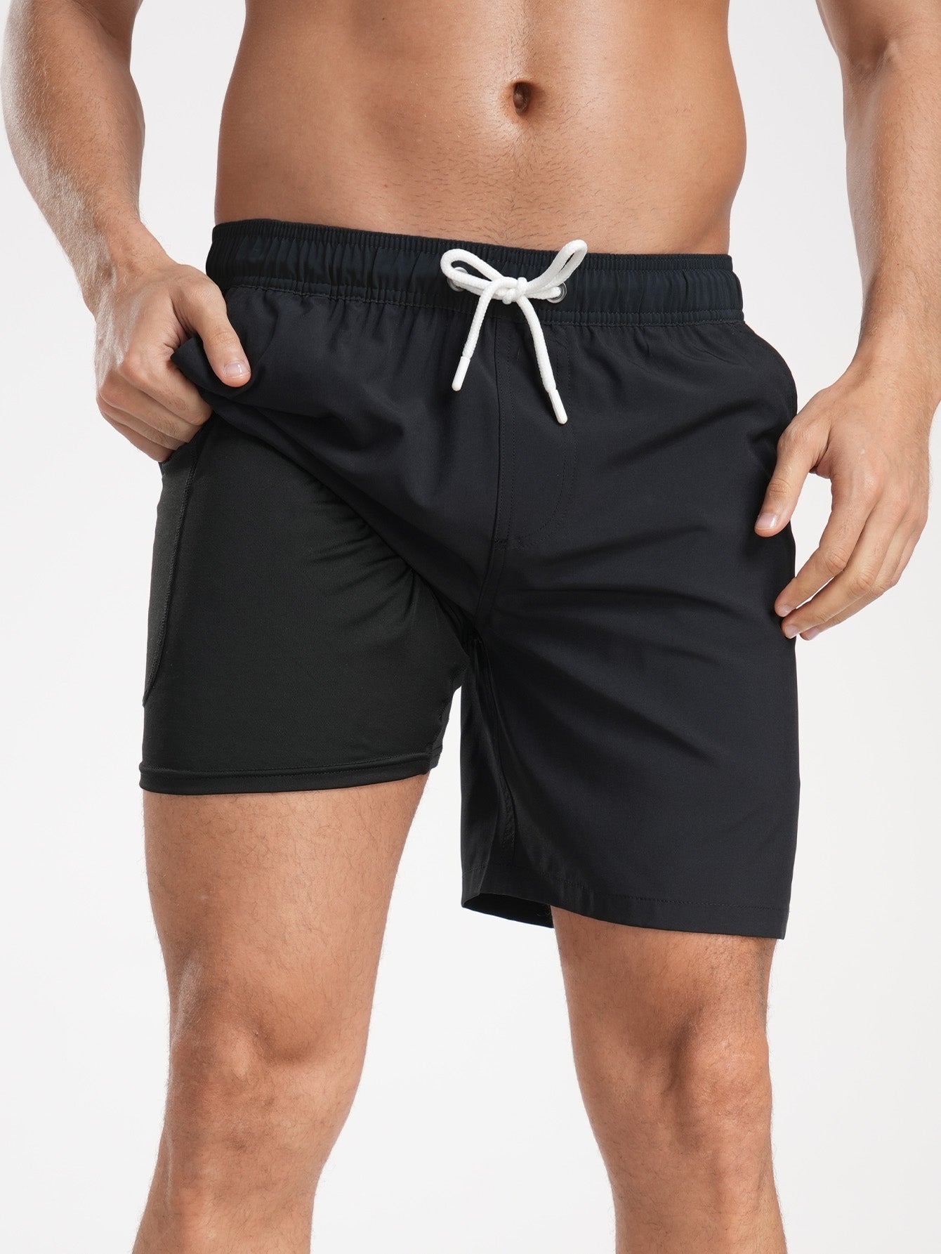 2 In 1 Solid Color Drawstring Swim Shorts