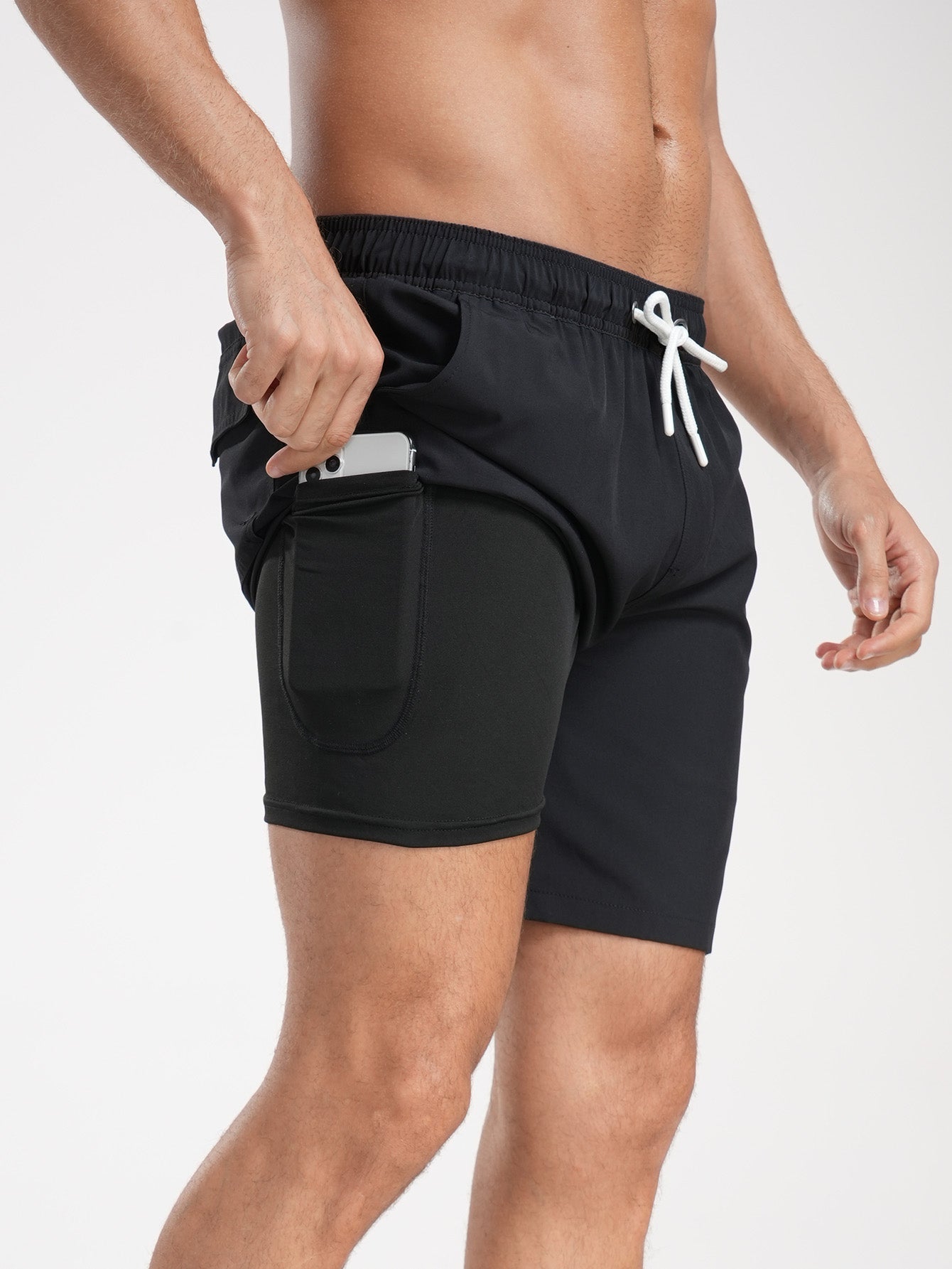 2 In 1 Solid Color Drawstring Swim Shorts