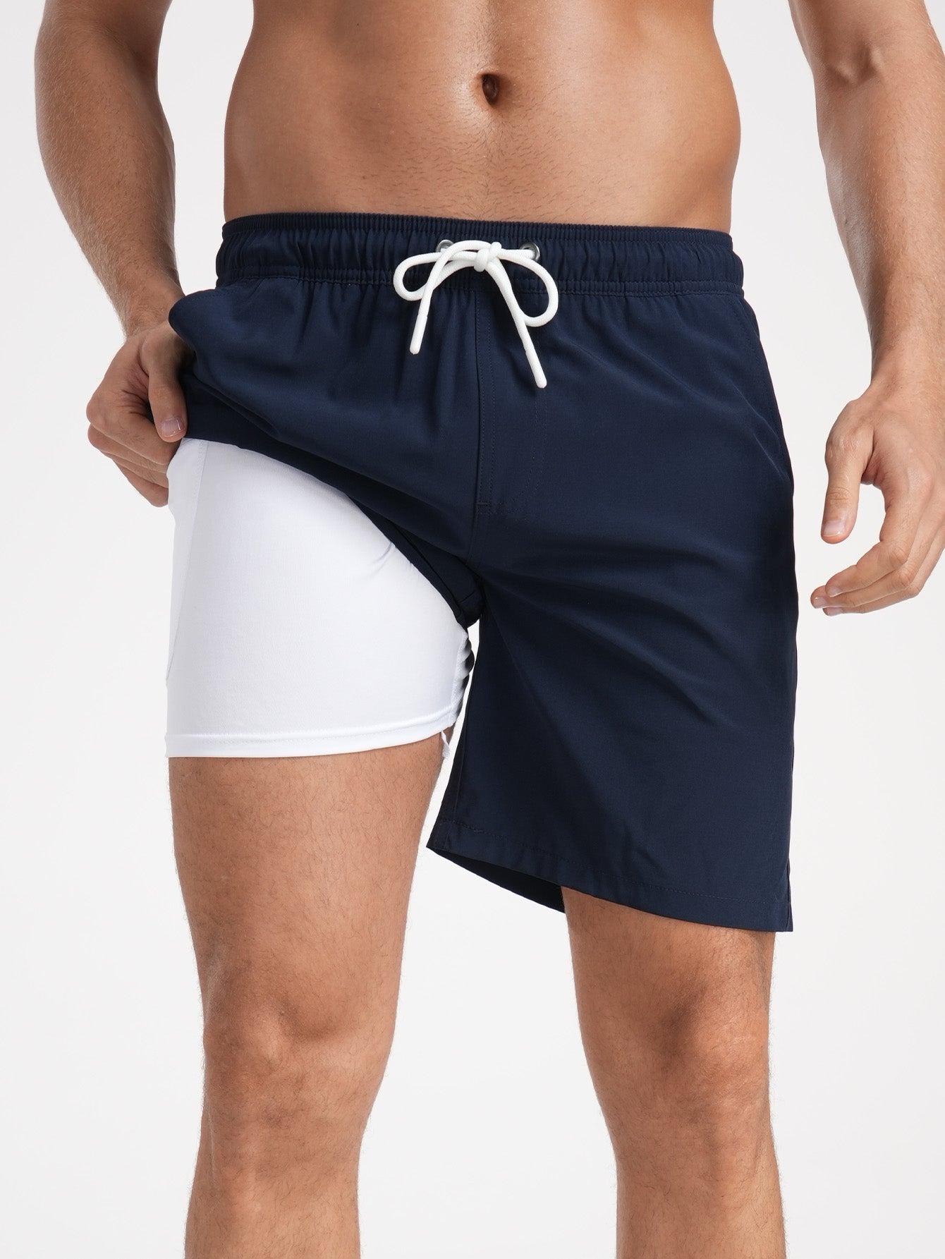 2 In 1 Solid Color Drawstring Swim Shorts