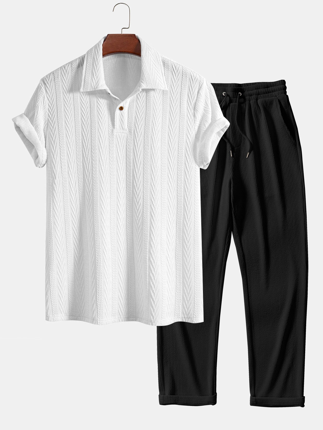 Short Sleeve Jacquard Polo & Straight Leg Ribbed Pants