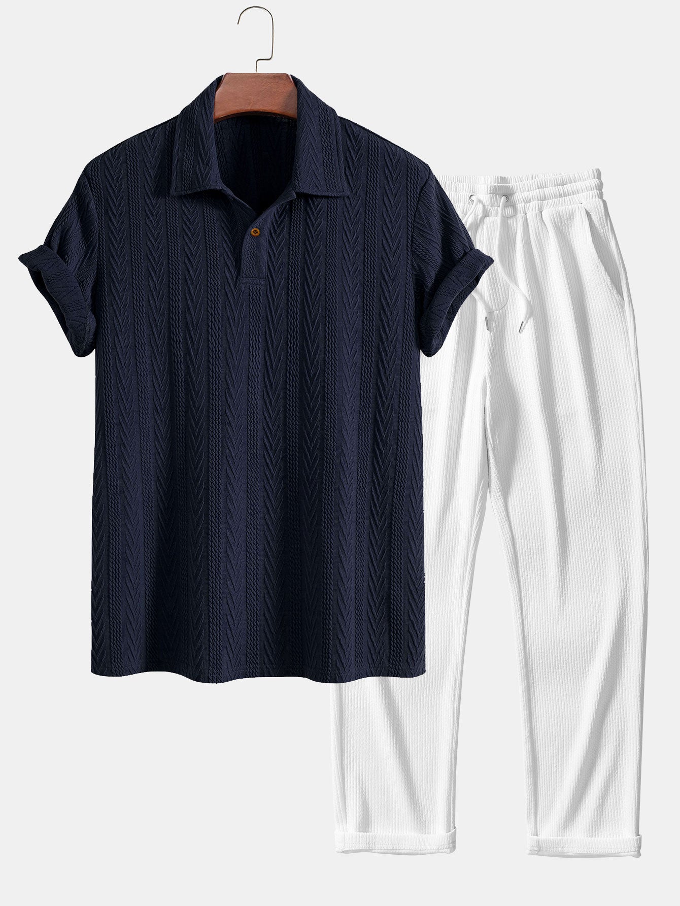 Short Sleeve Jacquard Polo & Straight Leg Ribbed Pants