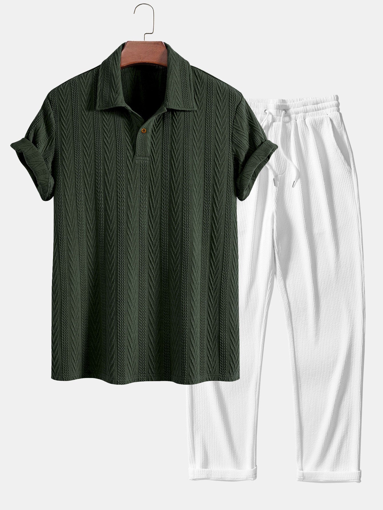 Short Sleeve Jacquard Polo & Straight Leg Ribbed Pants