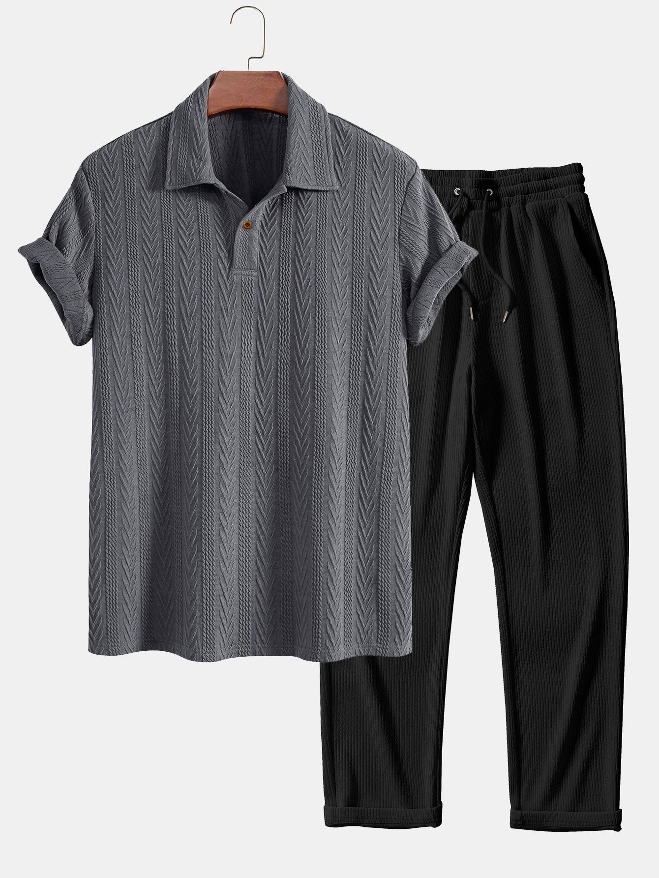 Short Sleeve Jacquard Polo & Straight Leg Ribbed Pants
