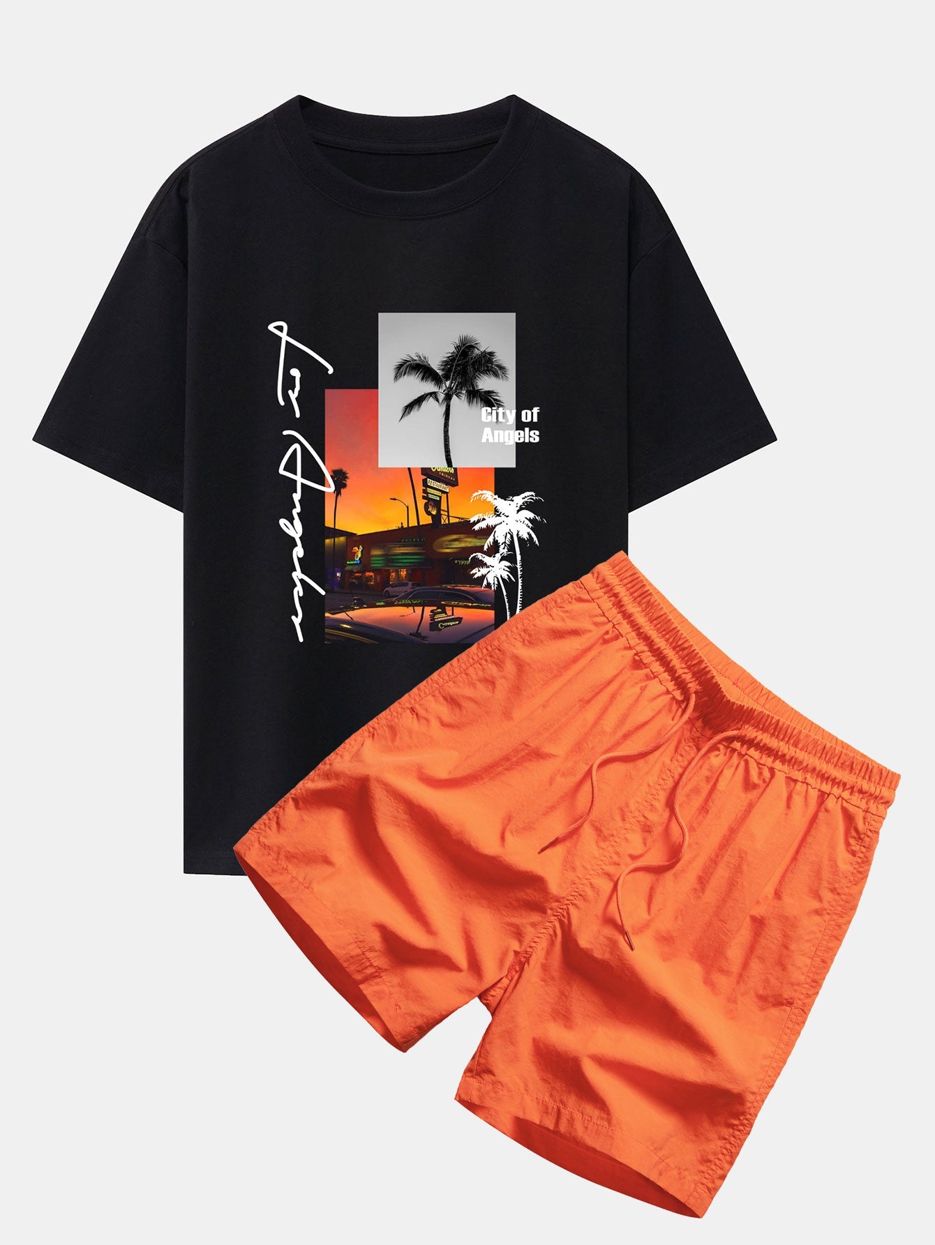 Los Angeles Scenery Print Drop Shoulder Oversize T-Shirt & Swim Shorts