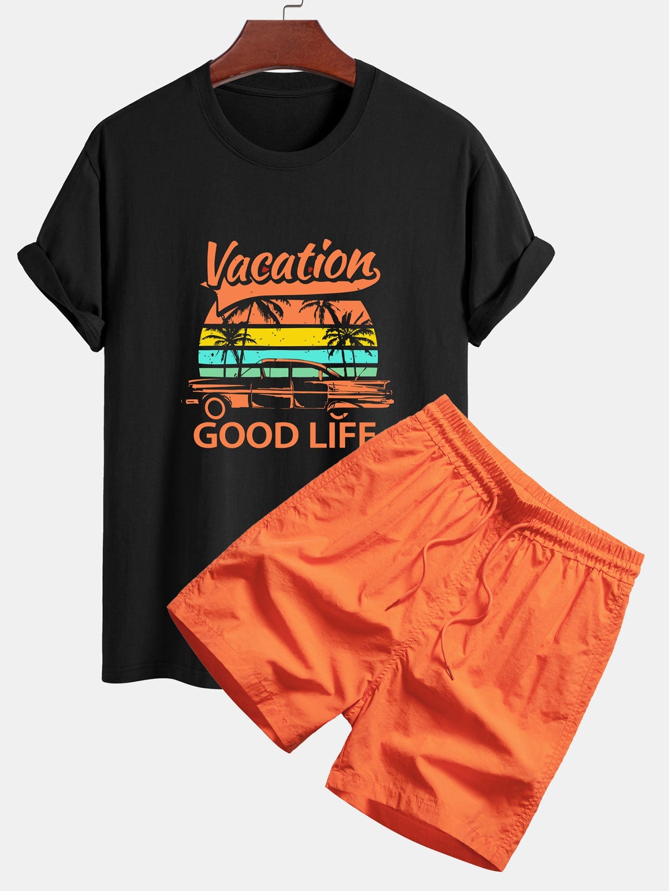 Regular Fit Good Life On Vacation Print Cotton T-Shirt & Man Mid Length Drawstring Swim Shorts