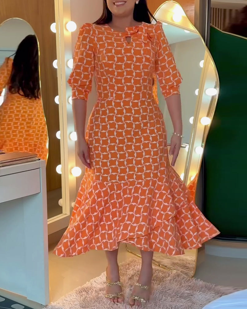 Half Sleeve Round Neck Waist Print Dress