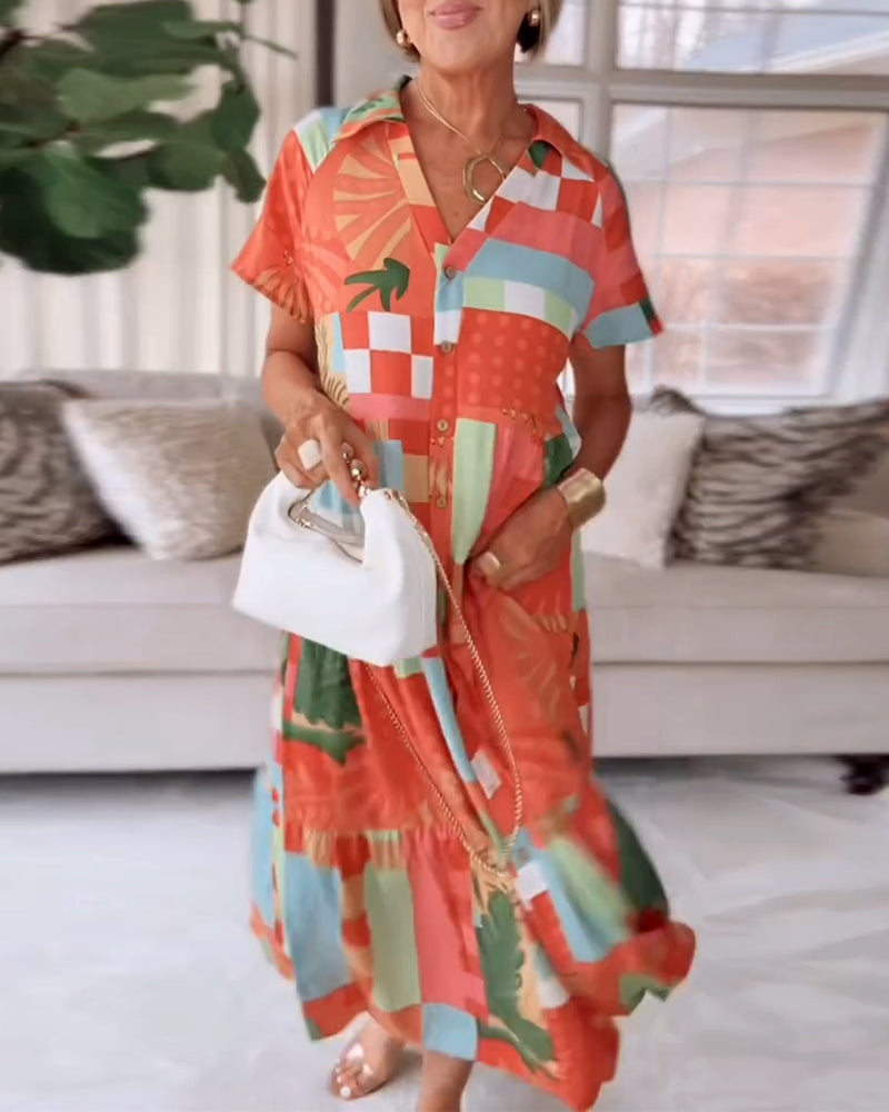 V-Neck Short-Sleeved Printed Casual Dress