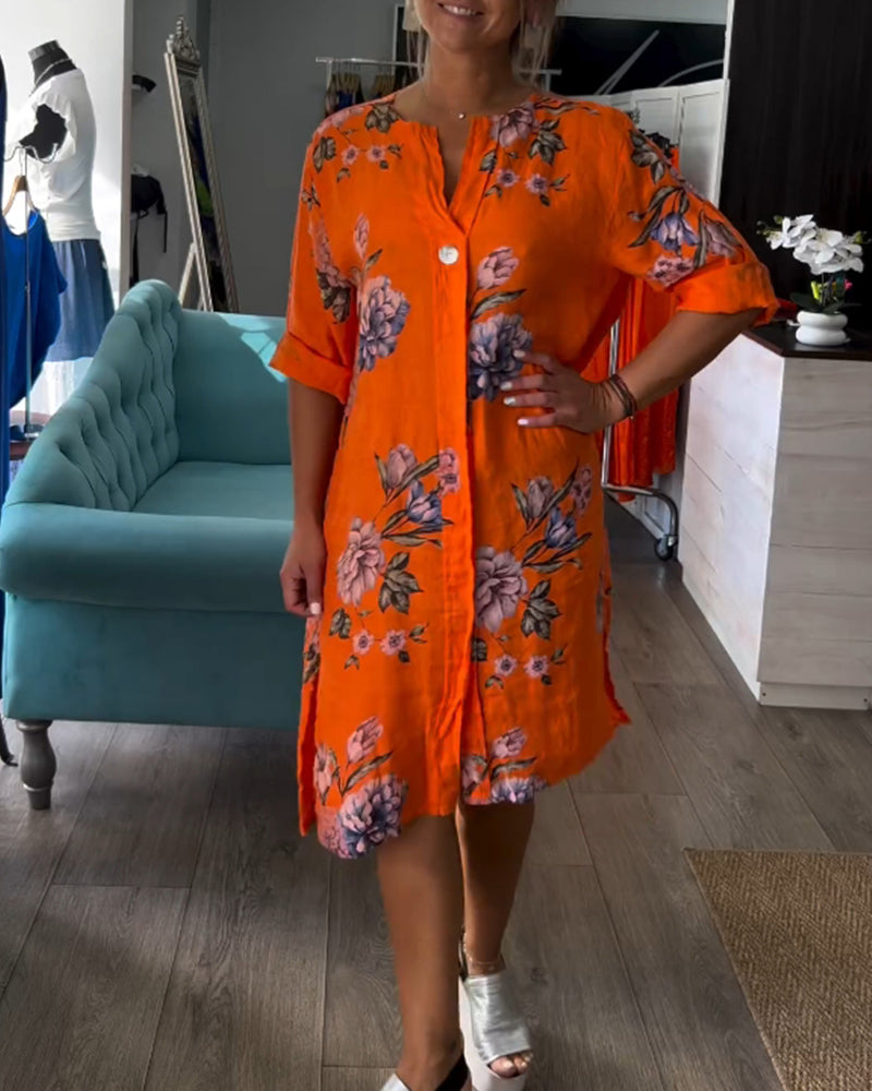 Button printed V-neck dress