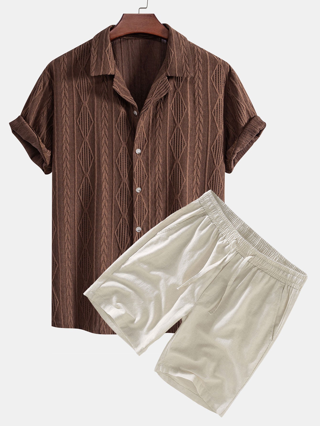 Geometric Jacquard Eyelet Cuban Shirt & Linen Drawstring Shorts