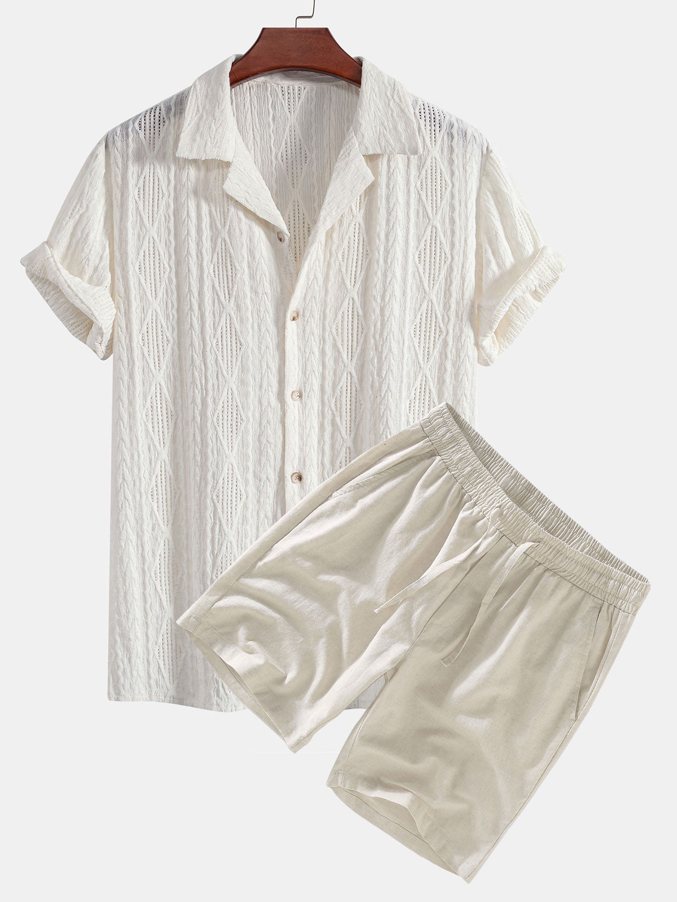 Geometric Jacquard Eyelet Cuban Shirt & Linen Drawstring Shorts